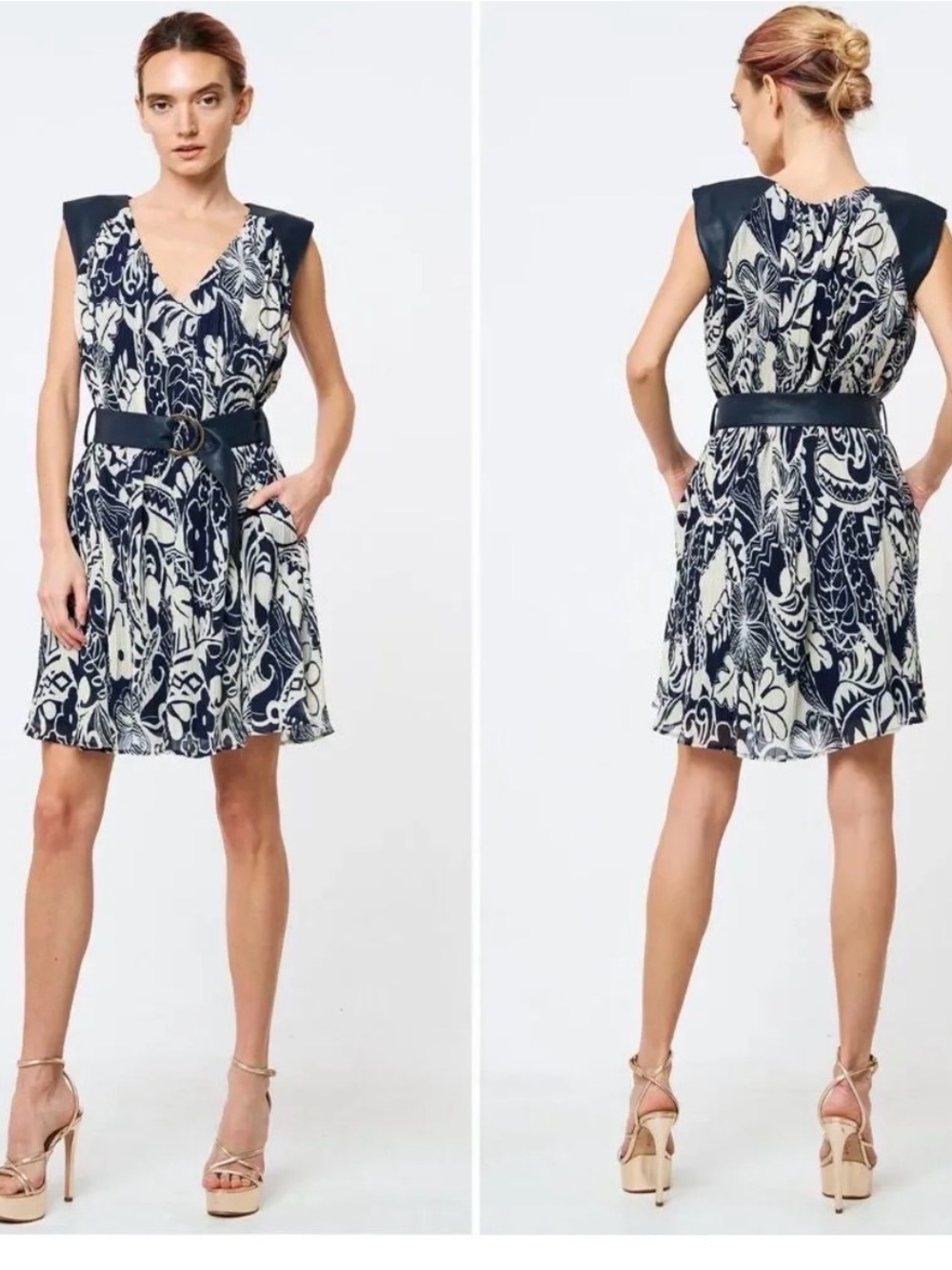 Corbin Sleeveless Navy Mixed Media Pleated Mini Dress